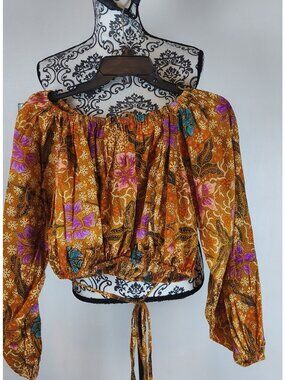 Charina Sarte Ibiza Crop Top Batik Off Shoulder Balloon Sleeve Ruched Waist S